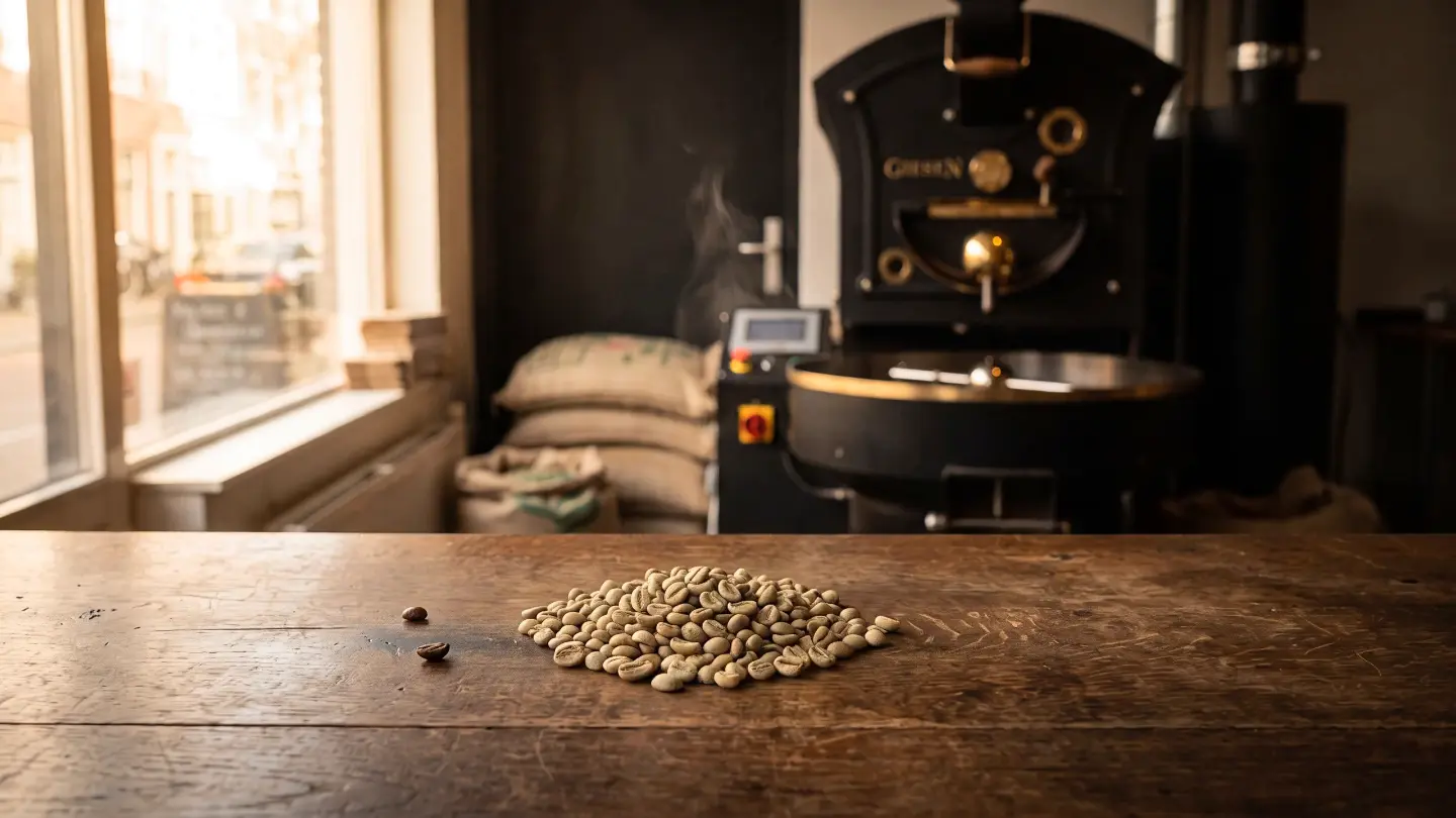 Rauwe koffiebonen op een houten bar, die tijdens het scrollen een verse cappuccino worden (begin)