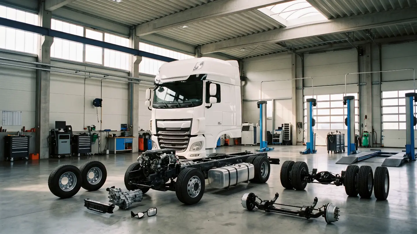 Losse truckonderdelen in een werkplaats, die tijdens het scrollen een complete truck worden (begin)