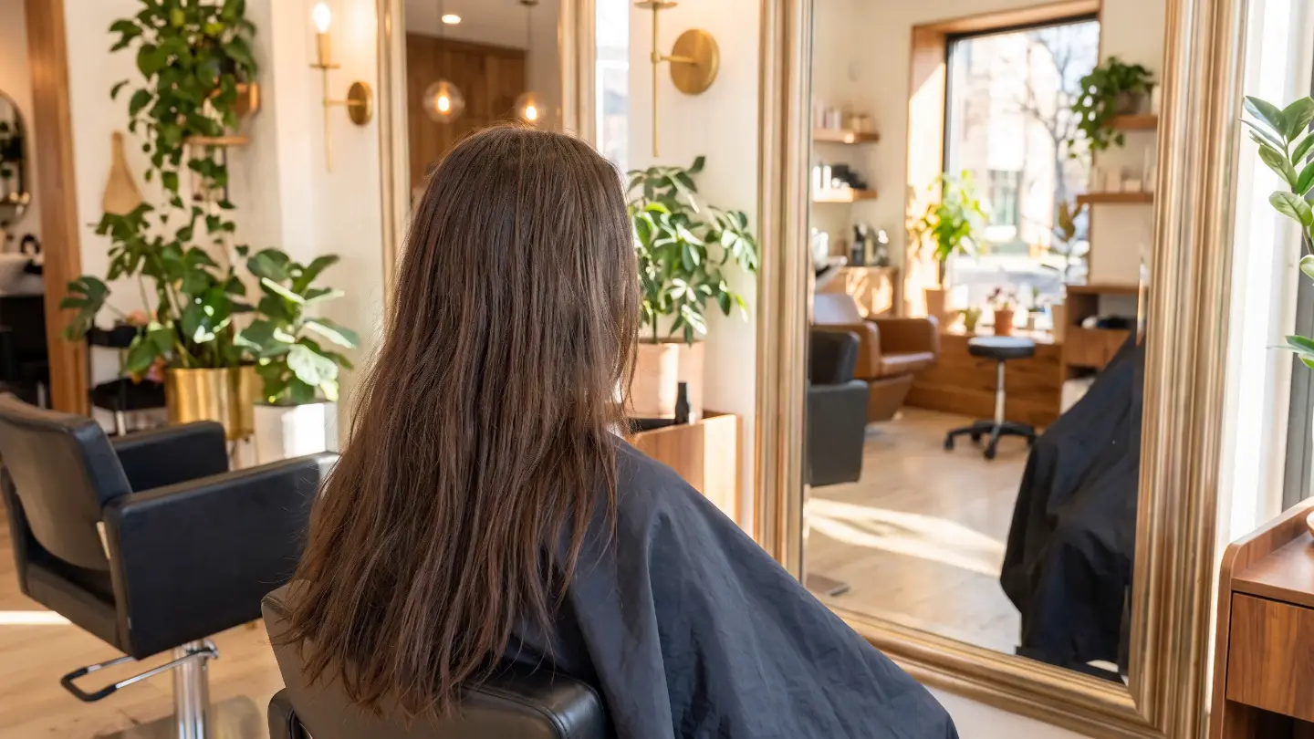 Lang haar over een kapmantel, gezien van achteren, dat tijdens het scrollen een frisse coupe wordt (hoofdstuk 1)