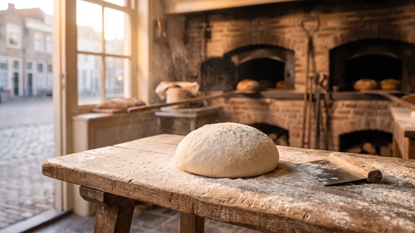 Een bol deeg op een bemeelde werkbank, die tijdens het scrollen een goudbruin brood wordt (begin)