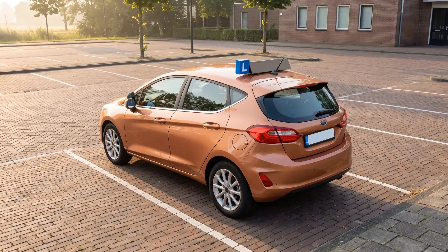 Een lesauto die tijdens het scrollen achteruit netjes in een parkeervak draait (begin)