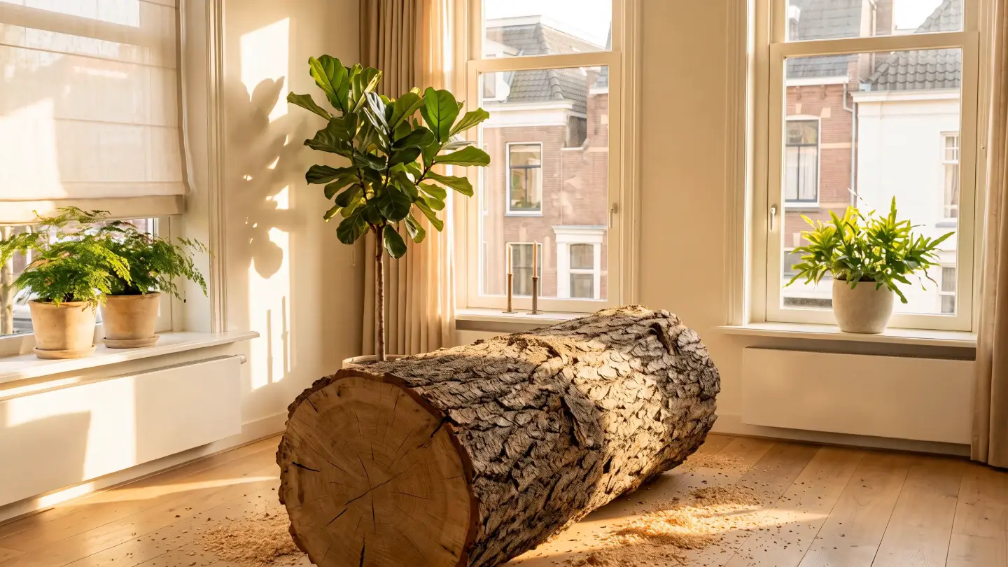 Een ruwe eiken stam op de vloer van de kamer, die in de loop van het scrollen een eiken tafel wordt