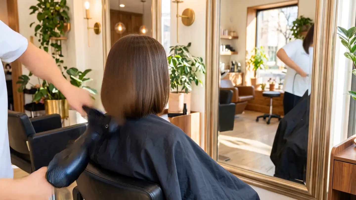 Lang haar over een kapmantel, gezien van achteren, dat tijdens het scrollen een frisse coupe wordt (hoofdstuk 3)