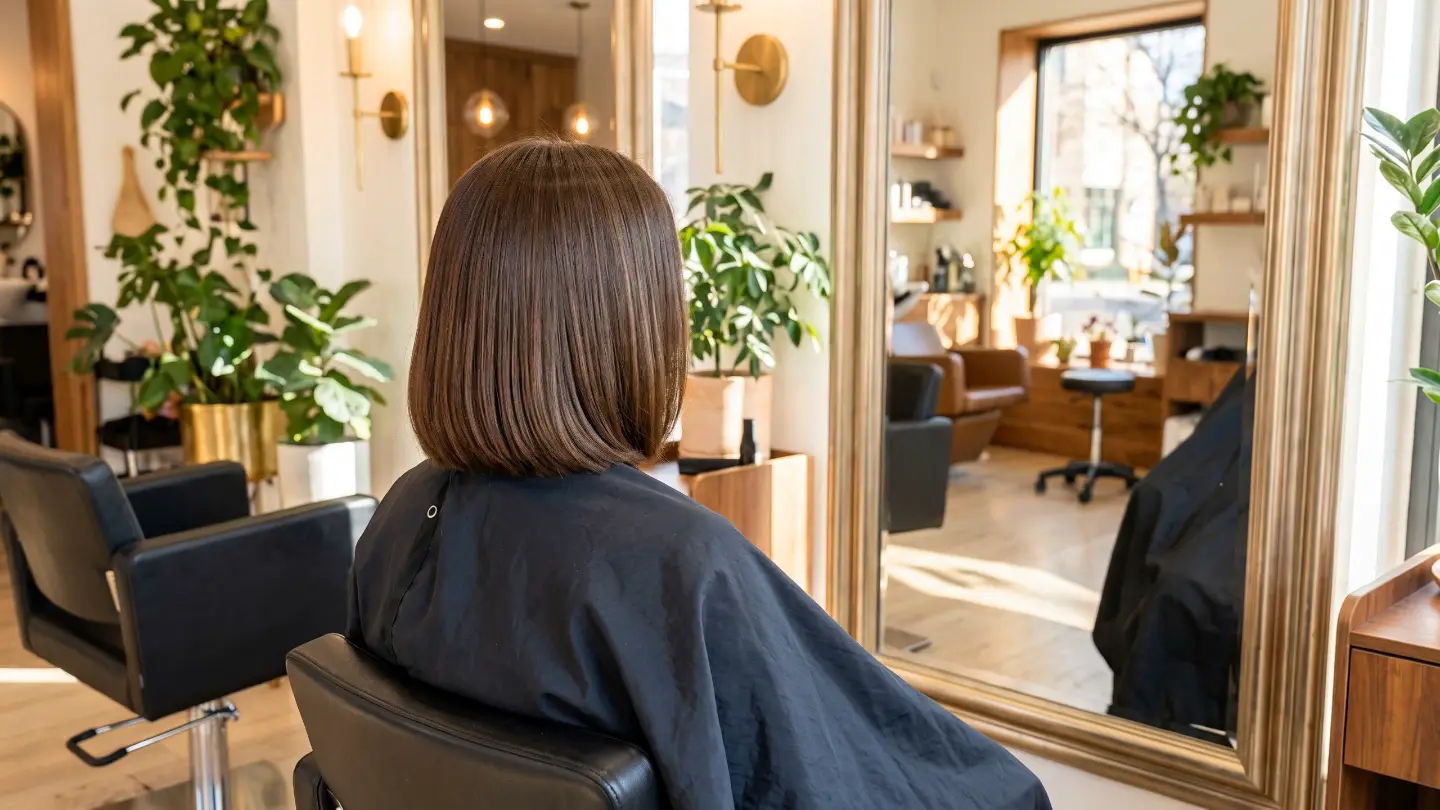 Lang haar over een kapmantel, gezien van achteren, dat tijdens het scrollen een frisse coupe wordt (hoofdstuk 4)
