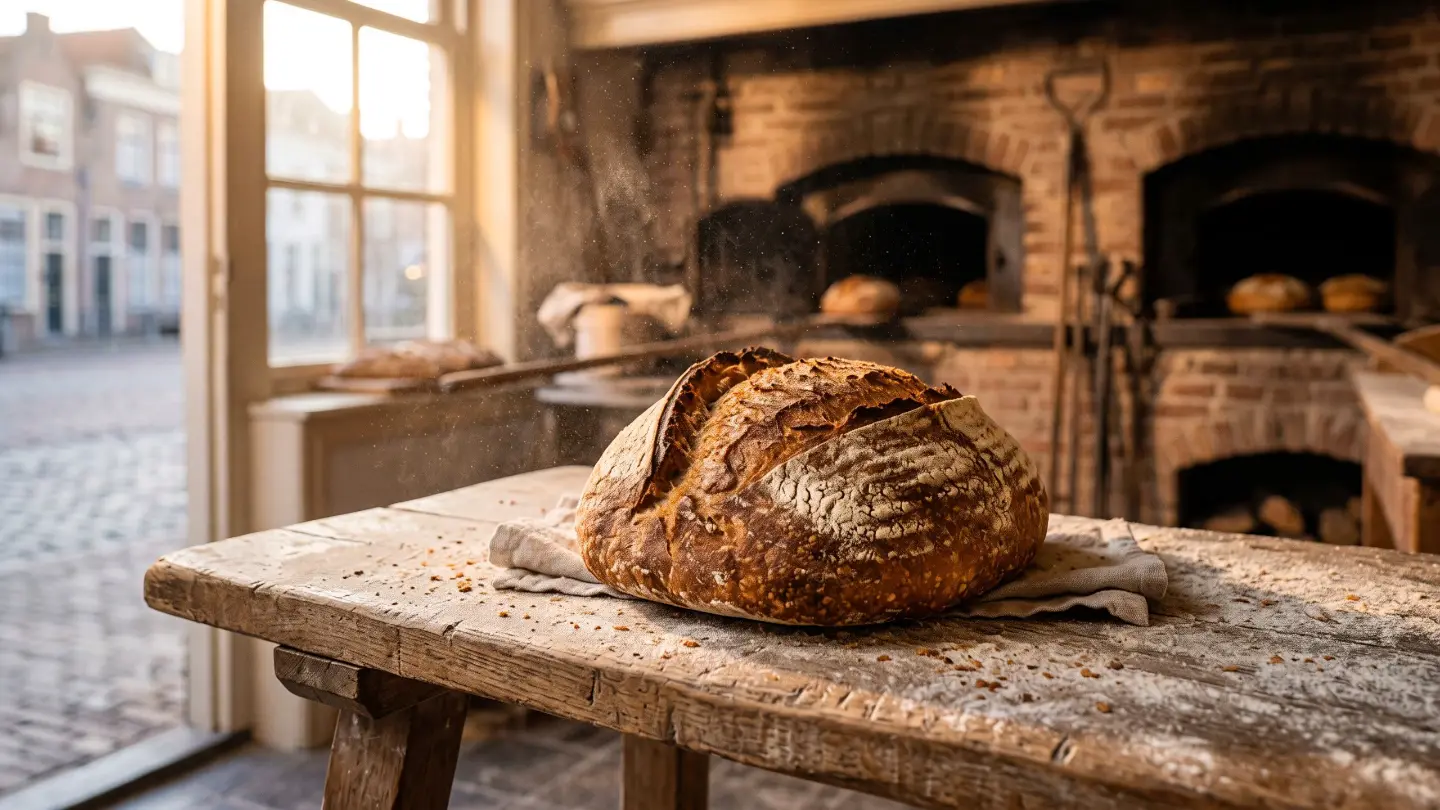Een bol deeg op een bemeelde werkbank, die tijdens het scrollen een goudbruin brood wordt (resultaat)