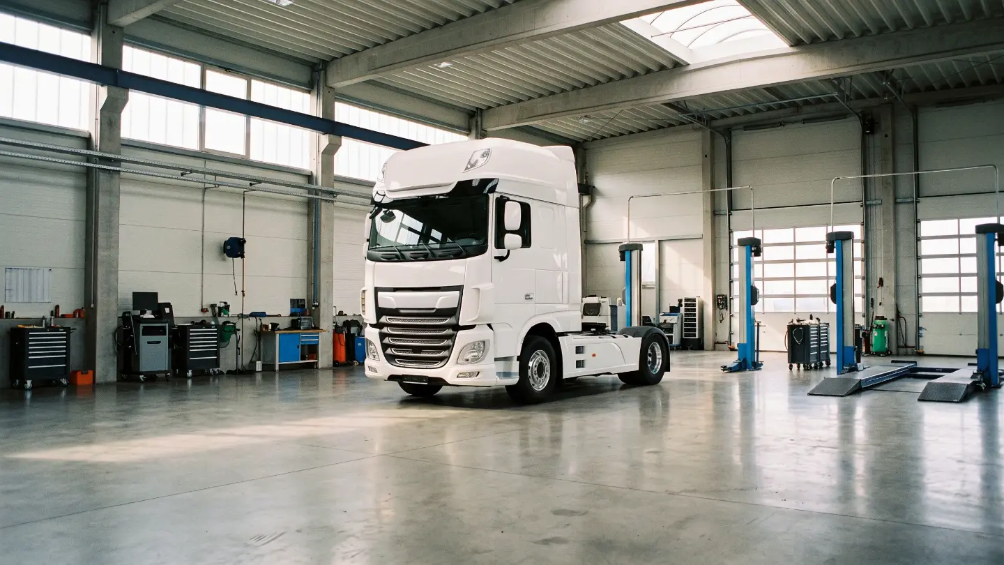 Losse truckonderdelen in een werkplaats, die tijdens het scrollen een complete truck worden (resultaat)
