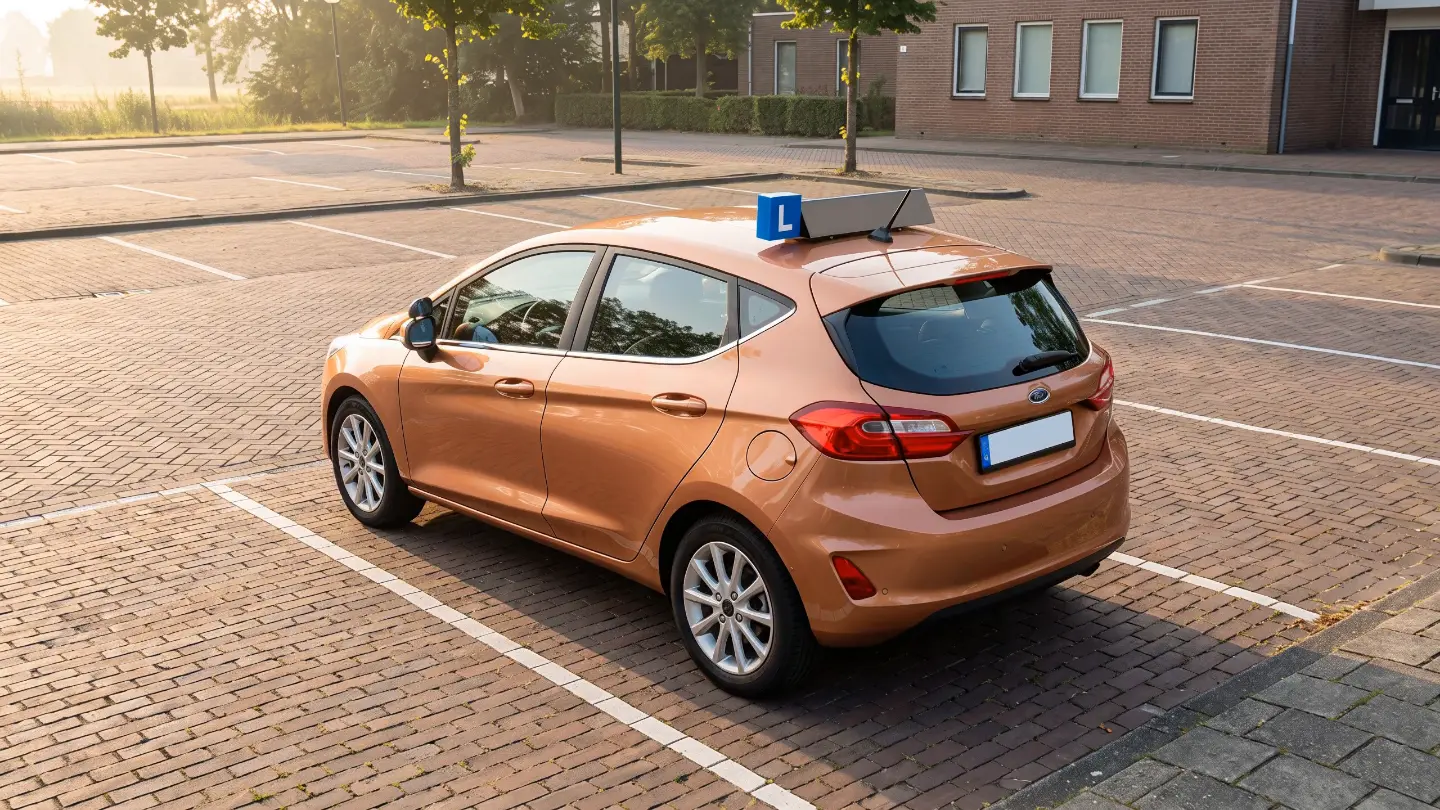 Een lesauto die tijdens het scrollen achteruit netjes in een parkeervak draait (resultaat)