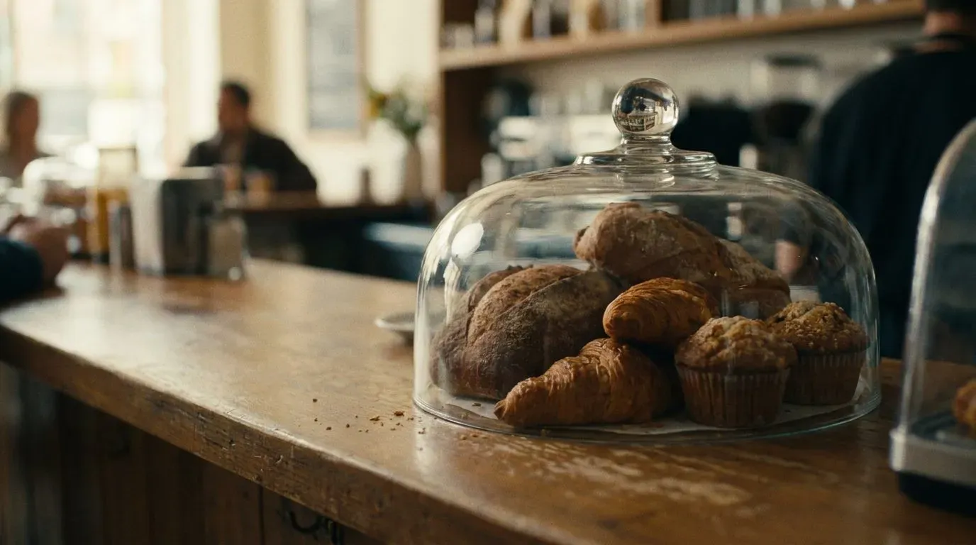 Toonbank met vers brood en gebak onder een stolp