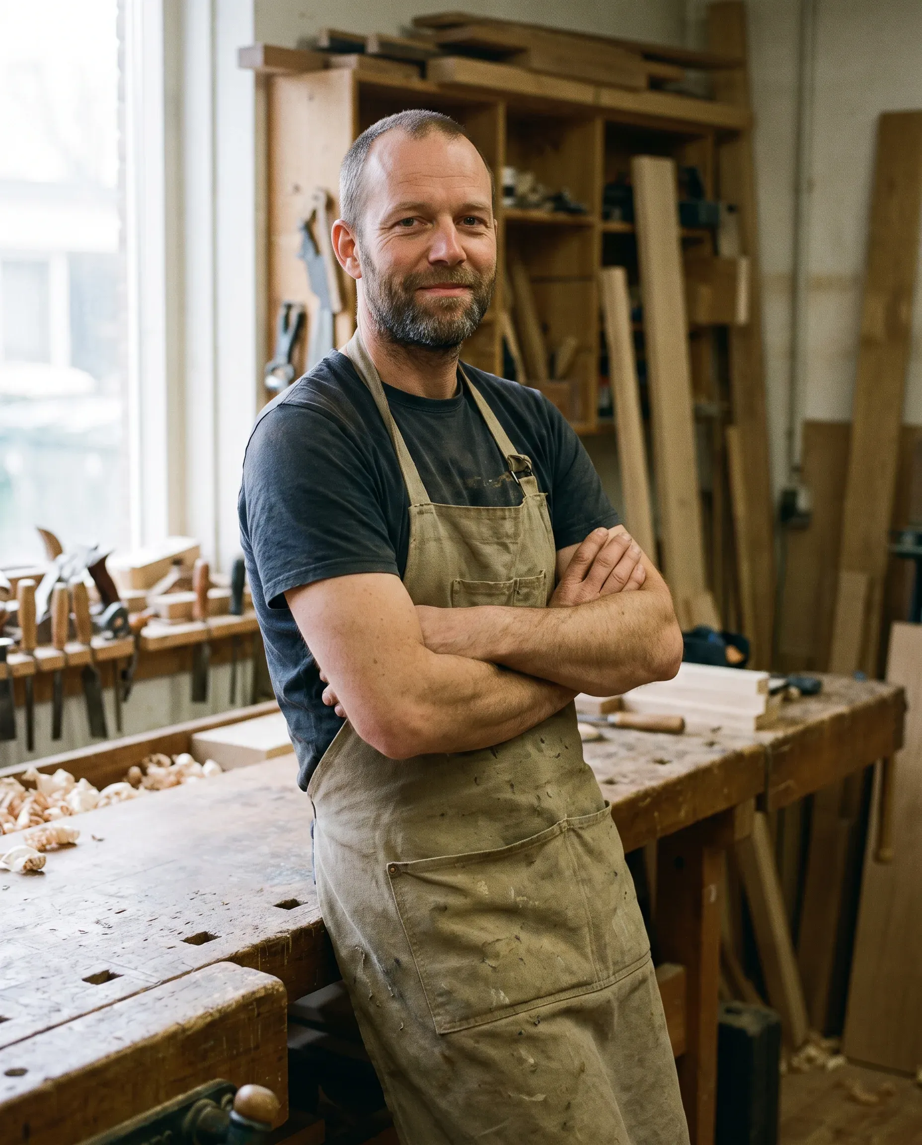 Portret van de meubelmaker in zijn werkplaats