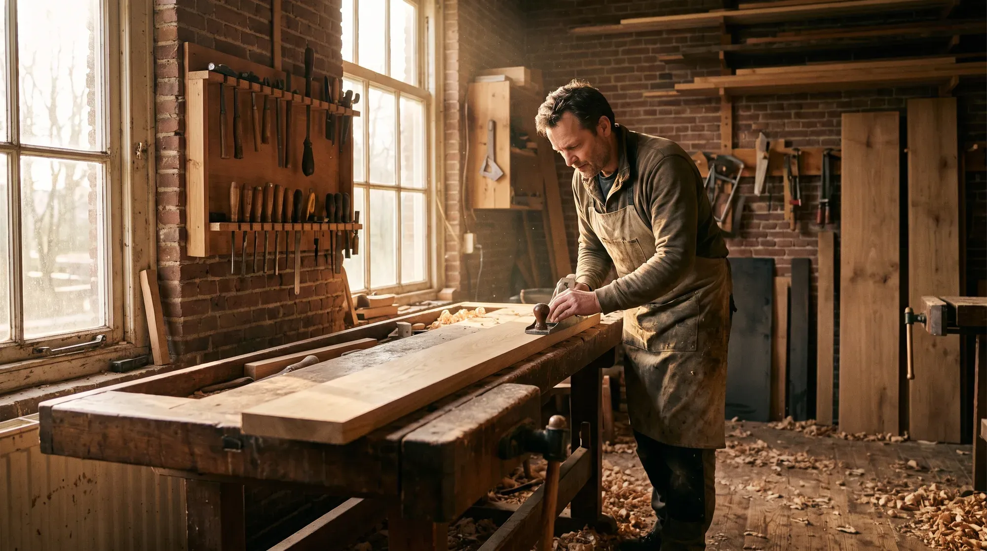 Meubelmaker schaaft een eiken plank in zijn werkplaats