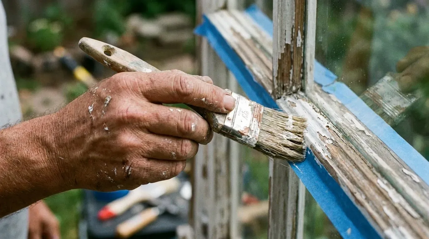 Hand met kwast langs afgeplakt kozijn