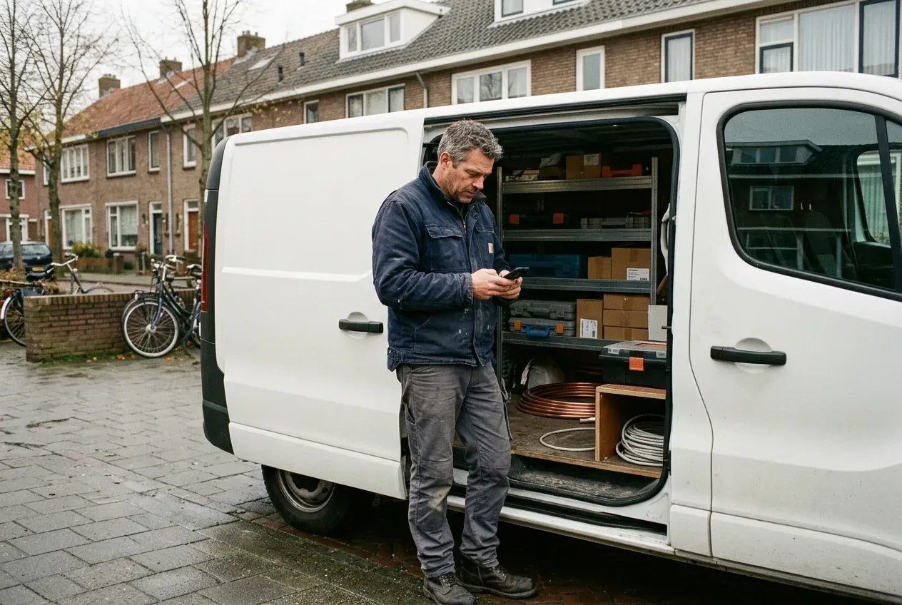 Installateur bij zijn bus kijkt op zijn telefoon
