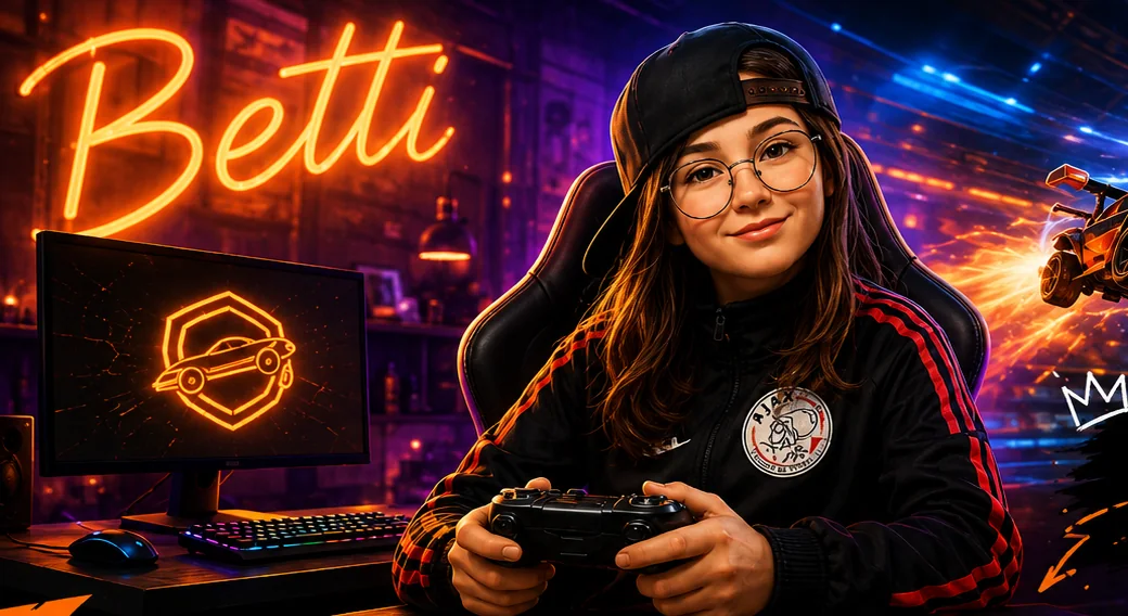 Betti met een controller in haar game-hoek, met haar naam in neonletters